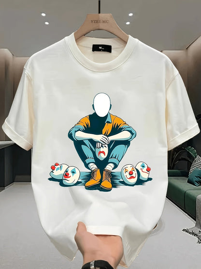 Herren Grafik T-Shirt mit maskiertem Charakter und Clownsmotiven – Modernes Statement Shirt für Individualisten
