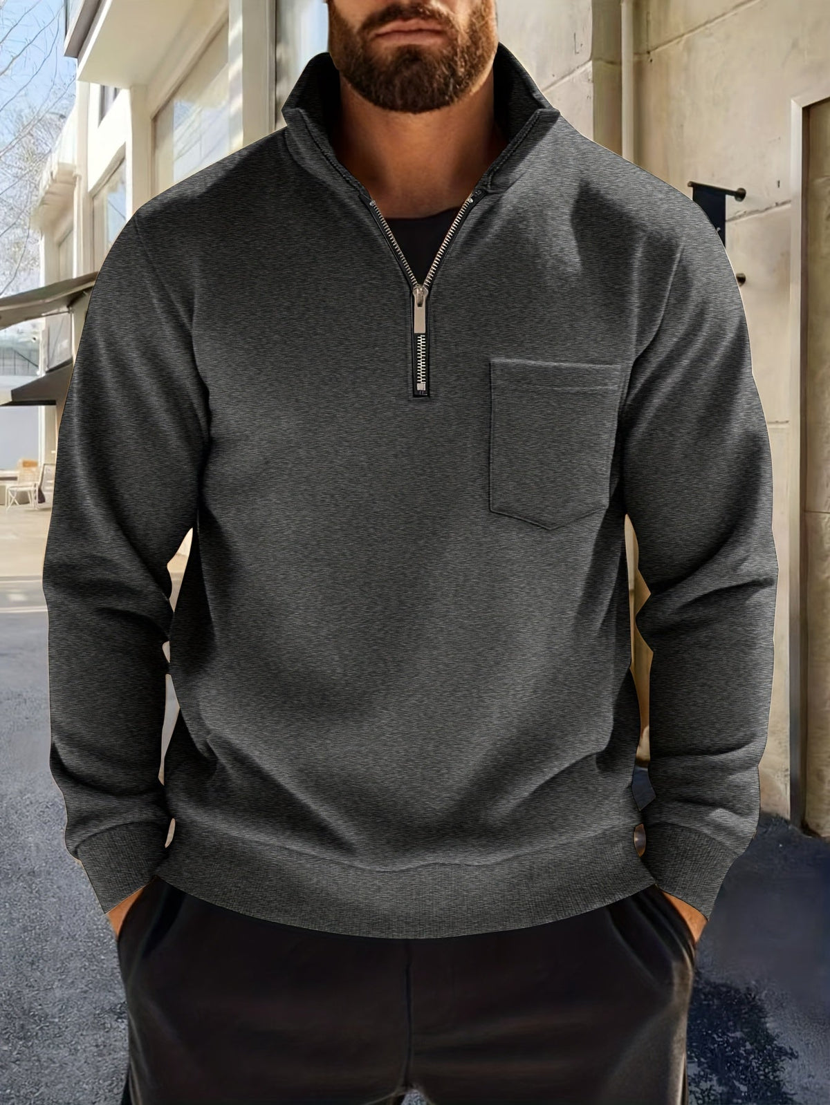 Herren Sweatshirt mit Stehkragen, Reißverschluss & Brusttasche, Langarm