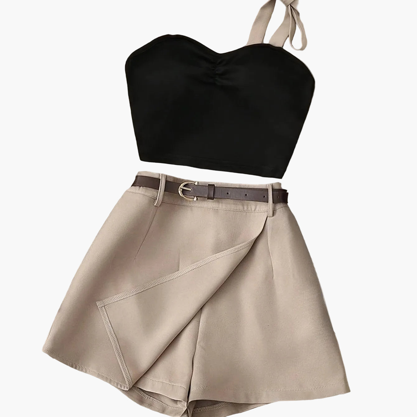 Damen Zweiteiler Set mit Crop Top und Wickelshorts – Modisches Outfit für Alltag und Freizeit