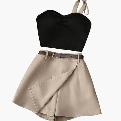 Damen Zweiteiler Set mit Crop Top und Wickelshorts – Modisches Outfit für Alltag und Freizeit