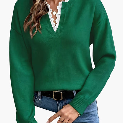Damen Pullover Elegant mit V-Ausschnitt und Spitzenbesatz – Lockerer Strickpullover für Herbst und Winter