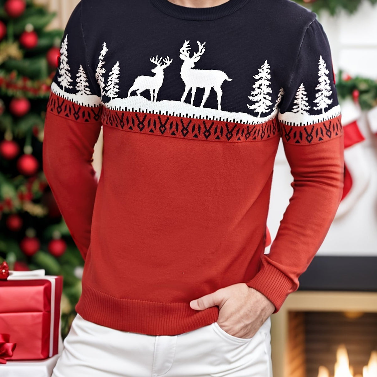 Weihnachtspullover Herren Rot Hirsch-Motiv Rundhalsausschnitt