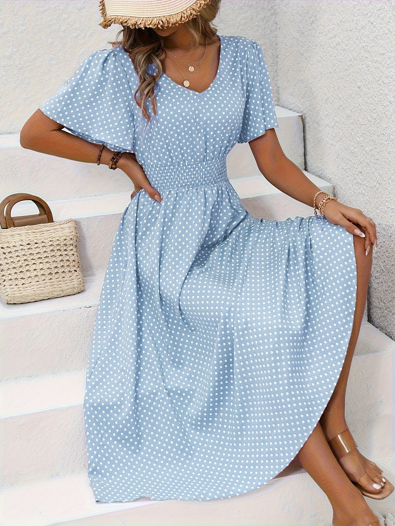 Damen Polka Dot Sommerkleid mit V-Ausschnitt – Elegantes Freizeit Maxikleid