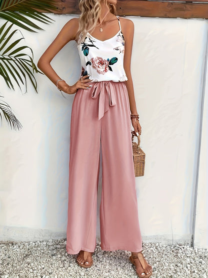 Damen Eleganter Jumpsuit mit Blumenmuster und Bindegürtel – Perfekt für Sommer und Freizeit