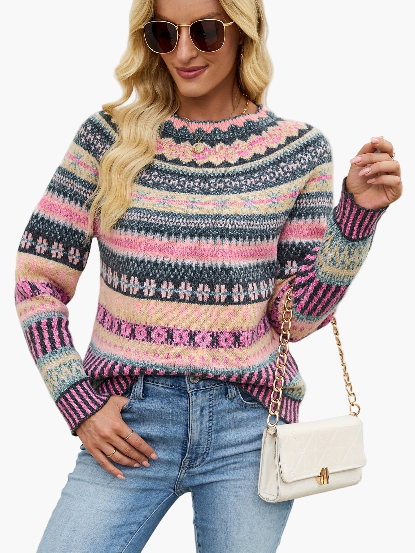 Damen Pullover Eleganter Strick Fair Isle Muster Herbst Winter Freizeit