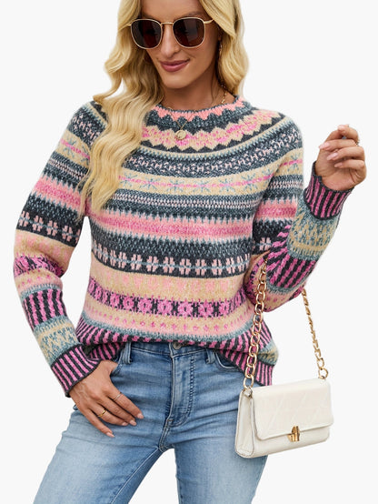 Damen Pullover Eleganter Strick Fair Isle Muster Herbst Winter Freizeit