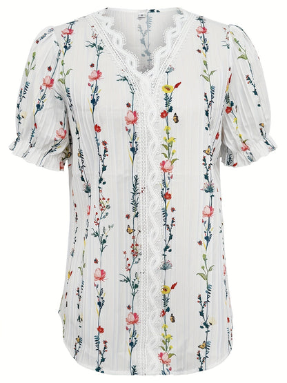 Damen Bluse Elegant mit Blumenmuster und Rüschenkragen – Sommer Freizeit Stil