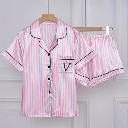 Damen Satin Pyjama Set Kurzarm mit Streifen – Stilvolles Nachtwäsche-Set für erholsamen Schlaf