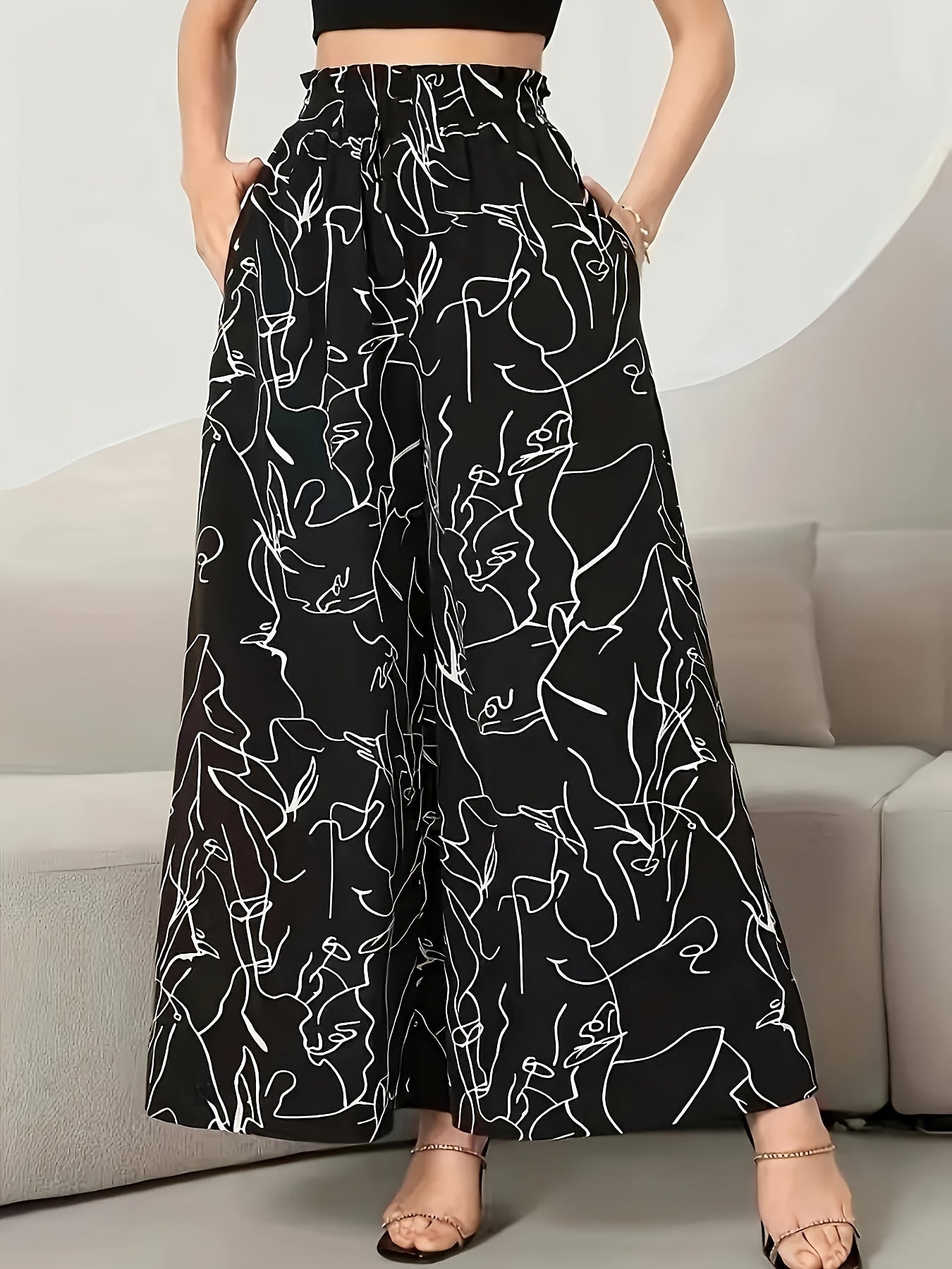 Damen Weite Palazzo-Hose mit Künstlerischem Linienmuster – Modische Statement-Hose für Alltag & Freizeit