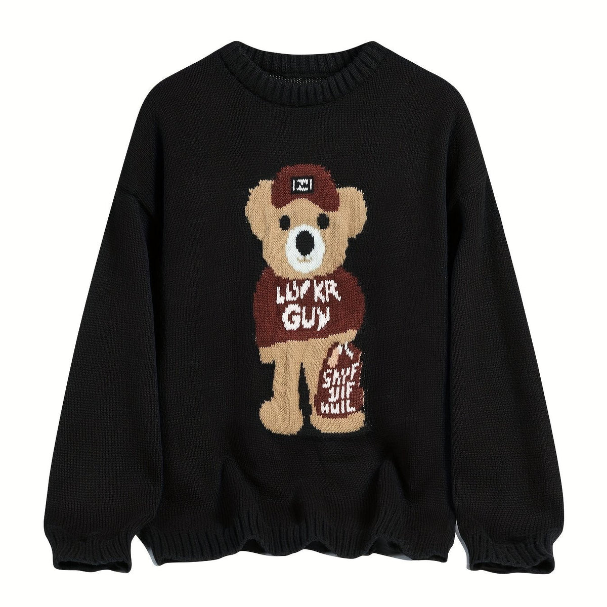 Unisex Strickpullover mit Teddybär-Muster Rundhalsausschnitt Langarm