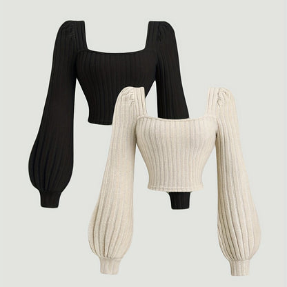 Geripptes Crop-Top Damen mit Puffärmeln & eckigem Ausschnitt