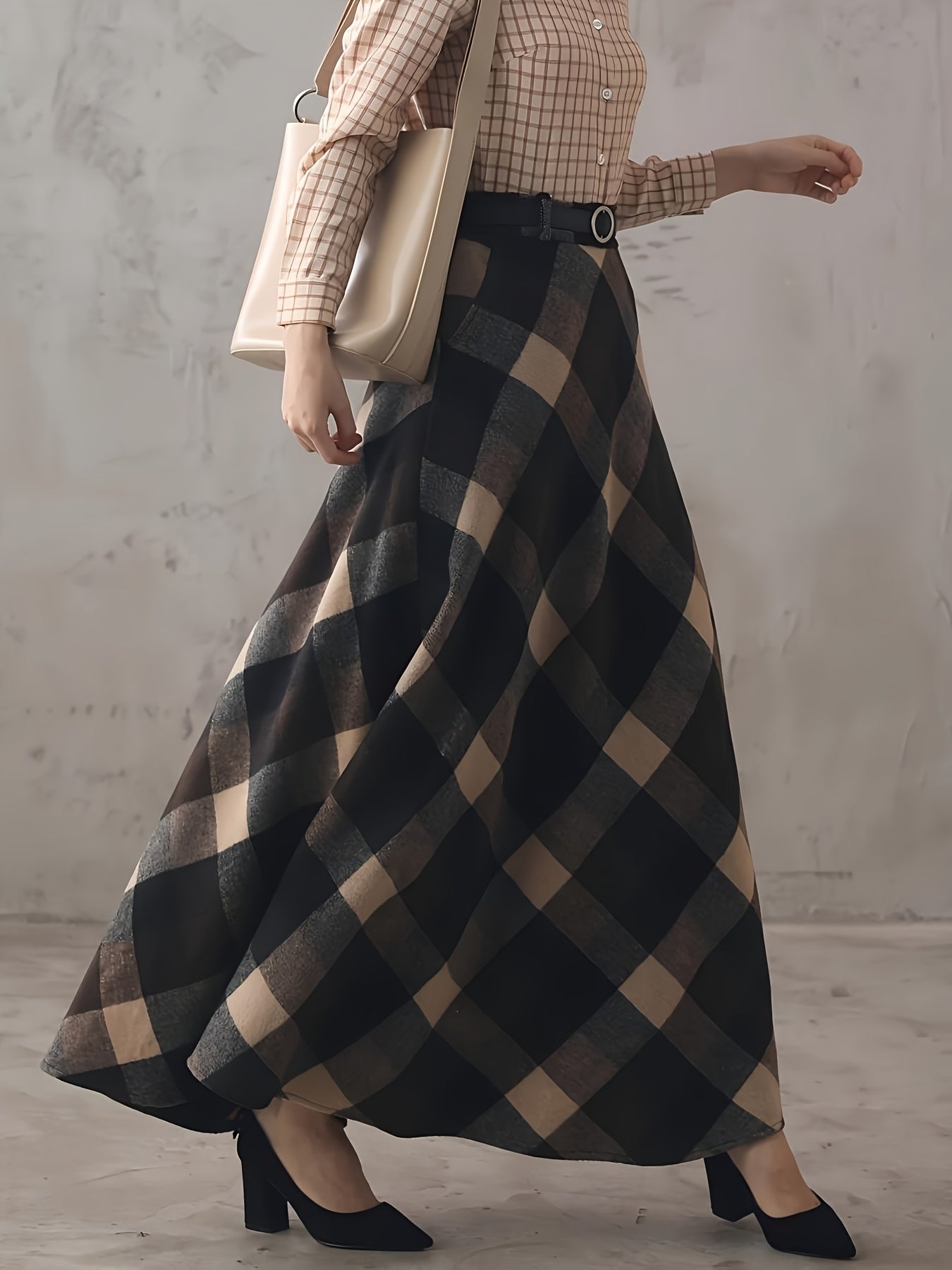 Maxirock Damen kariert Plaid A-Linie Grau Schwarz Weiß Midi