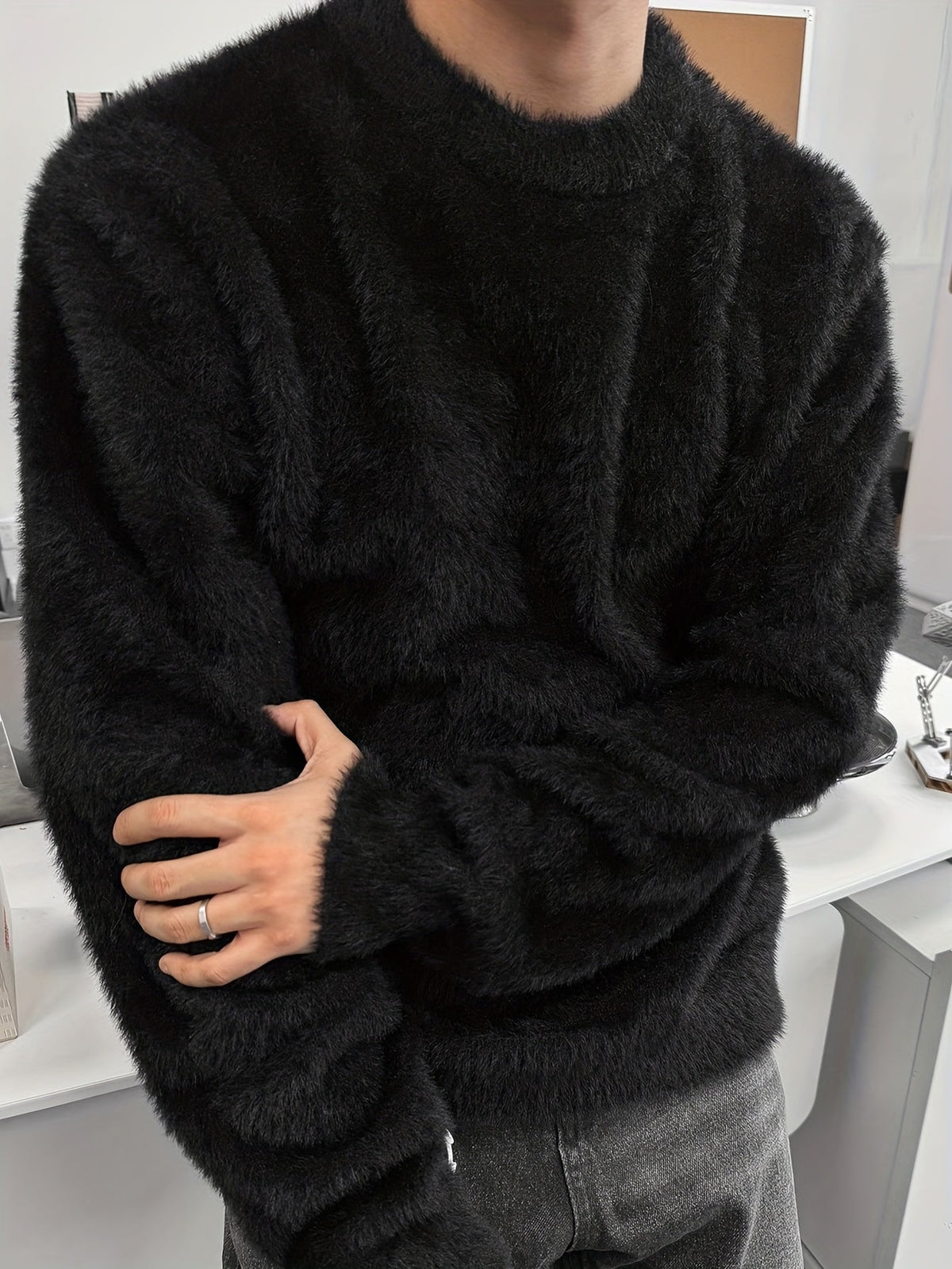 Unisex Langarm Pullover Flauschig Rundhals Weiß Schwarz