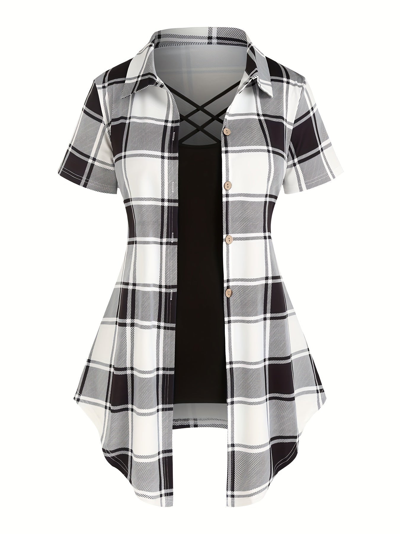 Damen Kurzarm Karo Hemdbluse mit Überkreuz-Detail – Eleganter Freizeit-Look für den Sommer