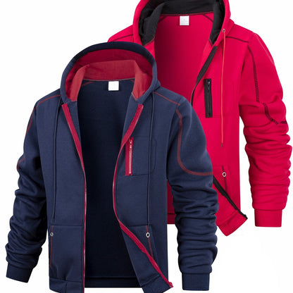 Herren Hoodie mit Reißverschluss 2er-Set, Kontrastnähte & Kapuze, Sport Freizeit