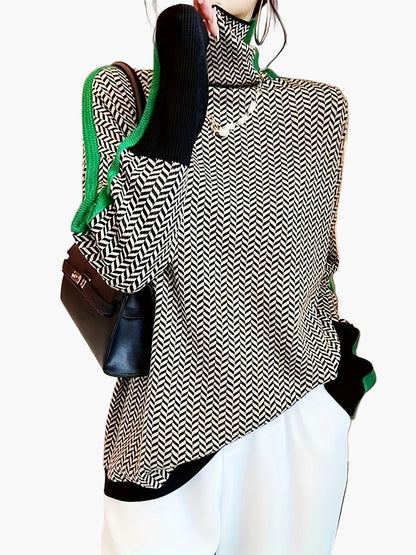 Damen Eleganter Strickpullover mit Stehkragen und modernem Patchwork-Muster – Herbst/Winter Freizeit & Büro