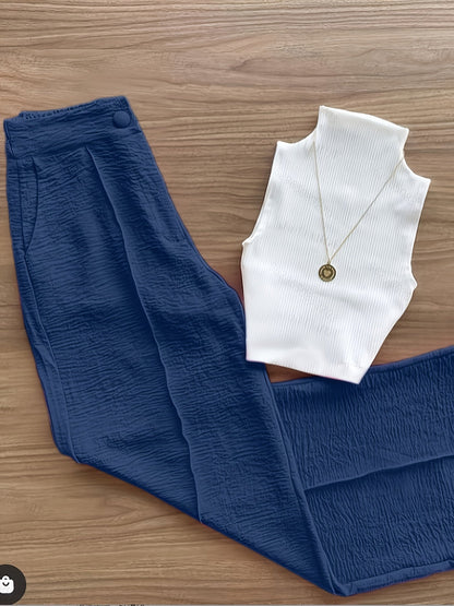 Damen Elegantes Set – Ärmelloses Oberteil mit Stehkragen und Weite Hose, Perfekt für Büro & Freizeit