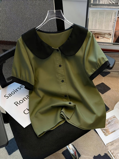 Damen Bluse mit kontrastierendem Kragen im Vintage-Stil – Elegante Freizeitmode für Büro und Alltag