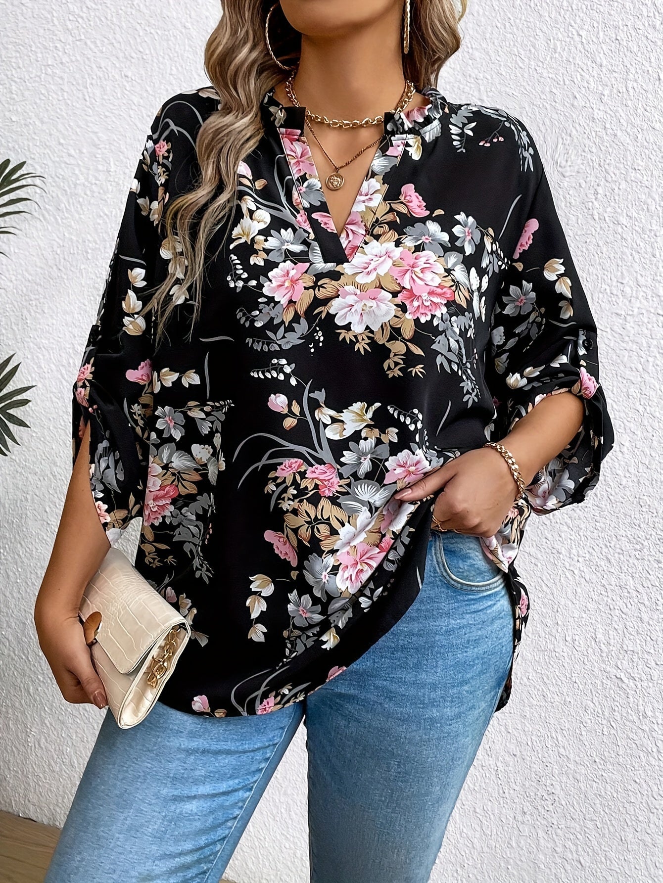 Damen Elegante Bluse mit Blumenmuster und V-Ausschnitt, Langarm, Perfekt für Alltag und Büro