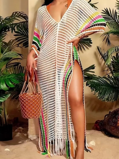 Damen Boho Strand Kaftan Netzkleid mit Fransen – Perfektes Badebekleidungs-Cover-Up