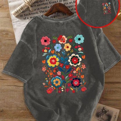 Damen T-Shirt mit Blumenstickerei und Vintage-Look – Freizeit & Alltagsstil