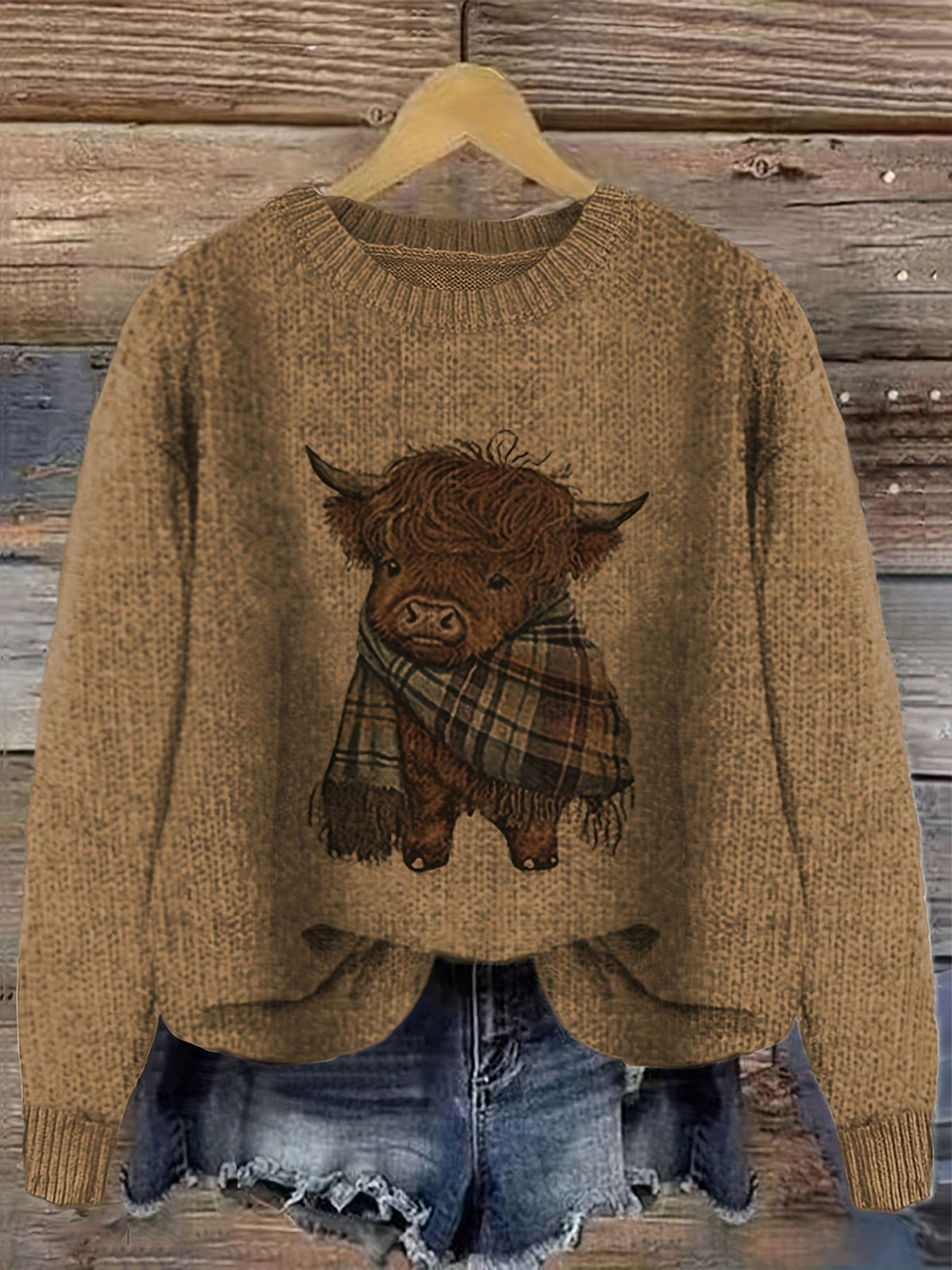 Damen Pullover mit Highland-Kuh Motiv und Rundhalsausschnitt – Verspielter Strickpullover im lässigen Stil