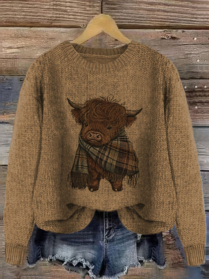 Damen Pullover mit Highland-Kuh Motiv und Rundhalsausschnitt – Verspielter Strickpullover im lässigen Stil
