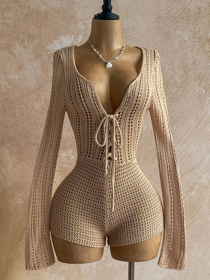 Damen Boho Strick-Jumpsuit mit tiefem Ausschnitt und Schnürung – Eleganter Einteiler für Strand & Urlaub