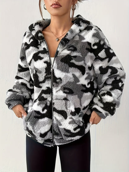 Damen Teddyfell Kapuzenjacke Camouflage Muster mit Reißverschluss