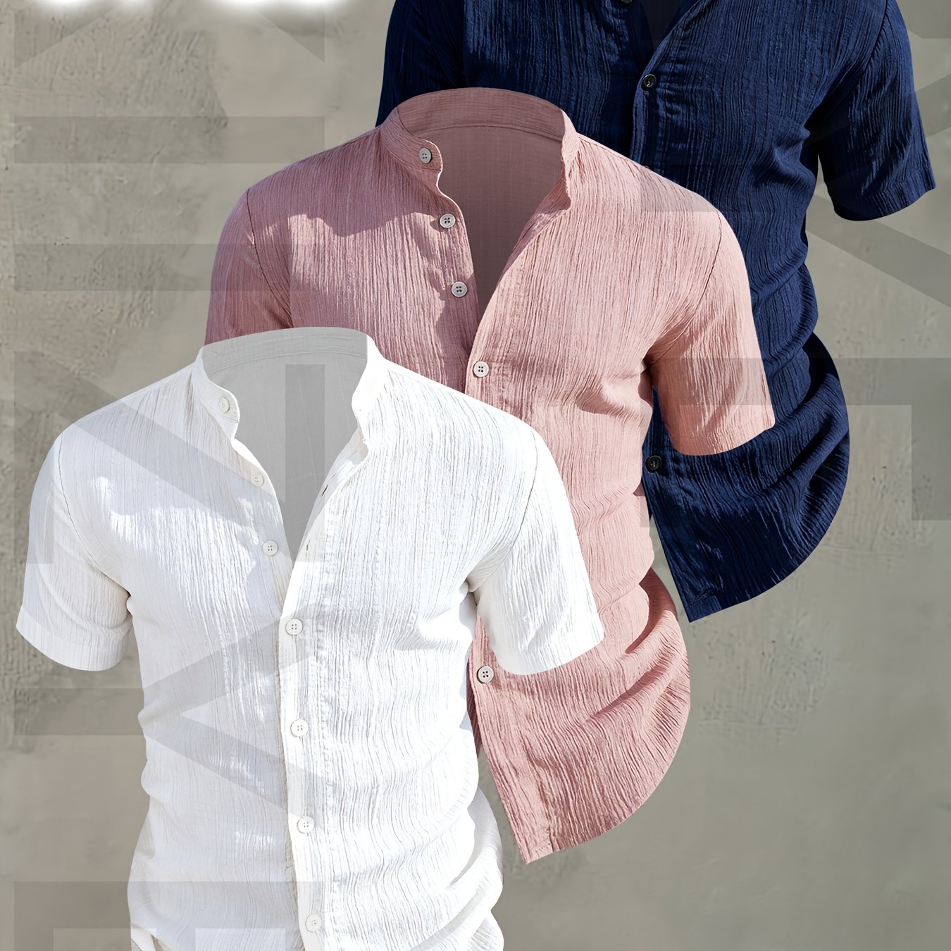 Herren 3er-Pack Stehkragen Hemden – Modischer Freizeit Look, Kurzarm, Knopfleiste
