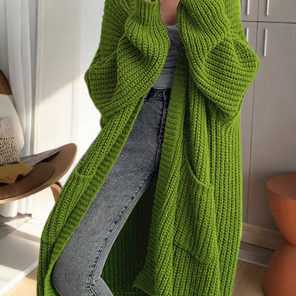 Damen Oversize Strick-Cardigan Lang Offene Front mit Taschen – Lässiger Streetstyle