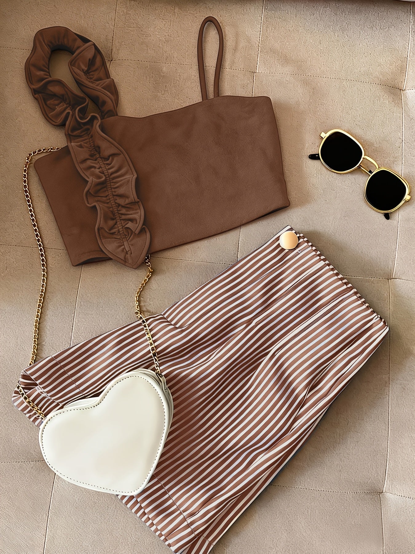 Damen Zweiteiler Set – Modisches Rüschen-Bustier & Gestreifte High-Waist Shorts, Stilvolles Outfit für Alltag & Freizeit