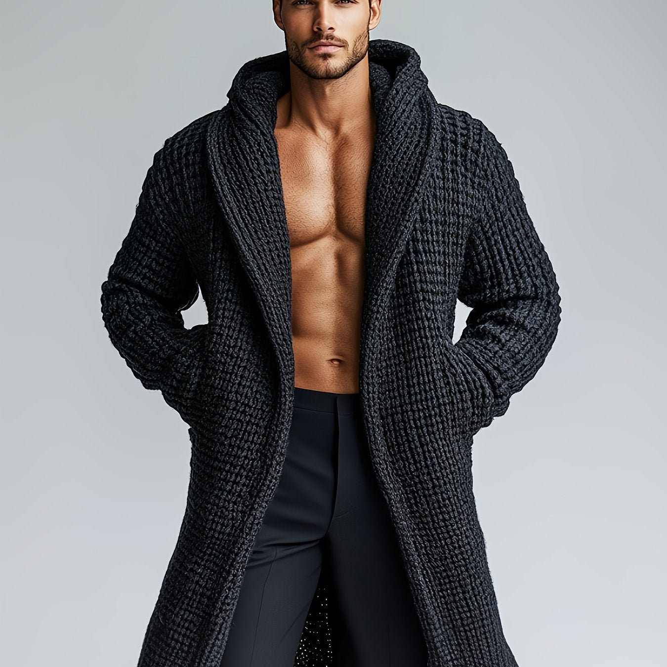 Herren Cardigan Lang Strickpullover Haussweater Dunkelgrau mit Kapuze