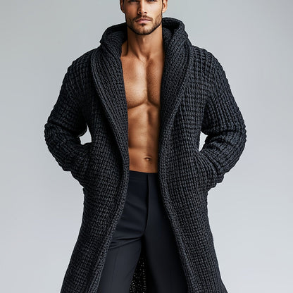 Herren Cardigan Lang Strickpullover Haussweater Dunkelgrau mit Kapuze