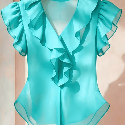 Damen Rüschenbluse mit V-Ausschnitt und Volantärmeln – Elegante Chiffonbluse für Büro und besondere Anlässe
