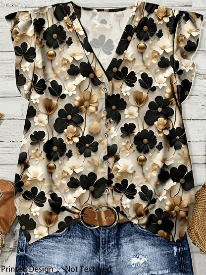 Damen Bluse mit Blumenmuster und V-Ausschnitt – Modische Kurzarm-Bluse für Alltag und Freizeit