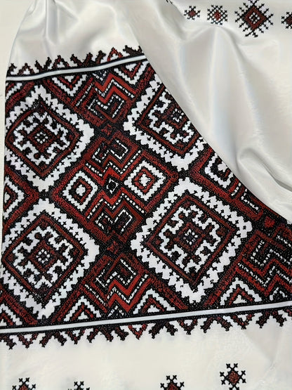 Damen Bluse mit Stickerei Weiß Rote Ethno-Muster Lange Ärmel