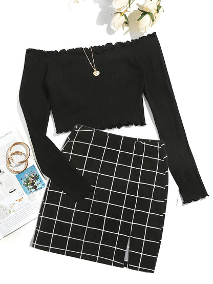 Damen Zweiteiler Set – Off-Shoulder Oberteil & Karierten Minirock, Modernes Party- und Freizeit-Outfit
