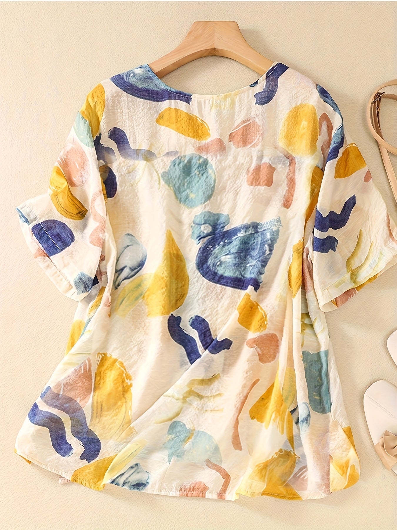 Damen Kurzarm-Bluse mit abstraktem Print und lockerem Schnitt – Modische Freizeitbluse