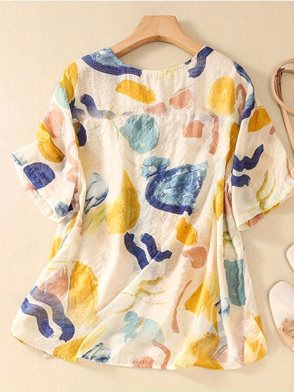 Damen Kurzarm-Bluse mit abstraktem Print und lockerem Schnitt – Modische Freizeitbluse