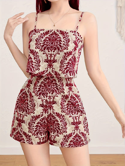 Damen Jumpsuit mit Spaghettiträgern und elegantem Ornament-Muster – Modischer Einteiler für Freizeit und Ausgehen