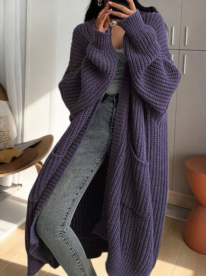 Damen Oversize Strick-Cardigan Lang Offene Front mit Taschen – Lässiger Streetstyle
