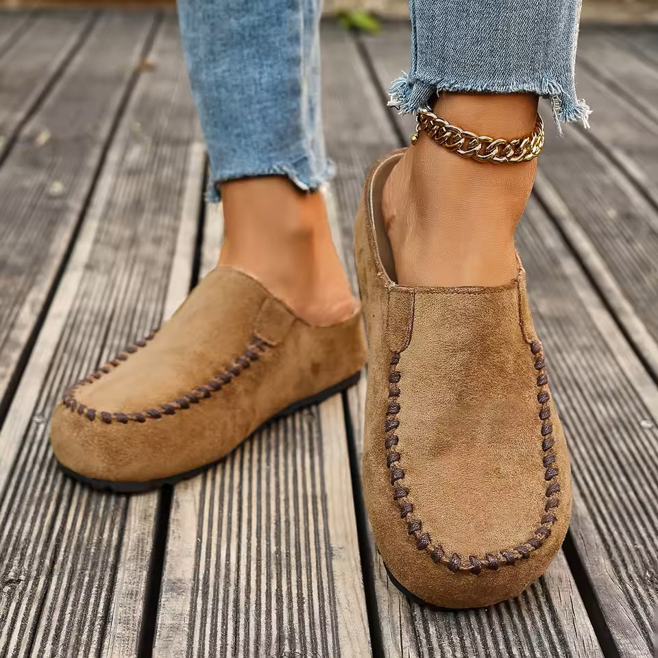 Damen Slipper Mules mit Ziernaht Komfortschuhe Braun