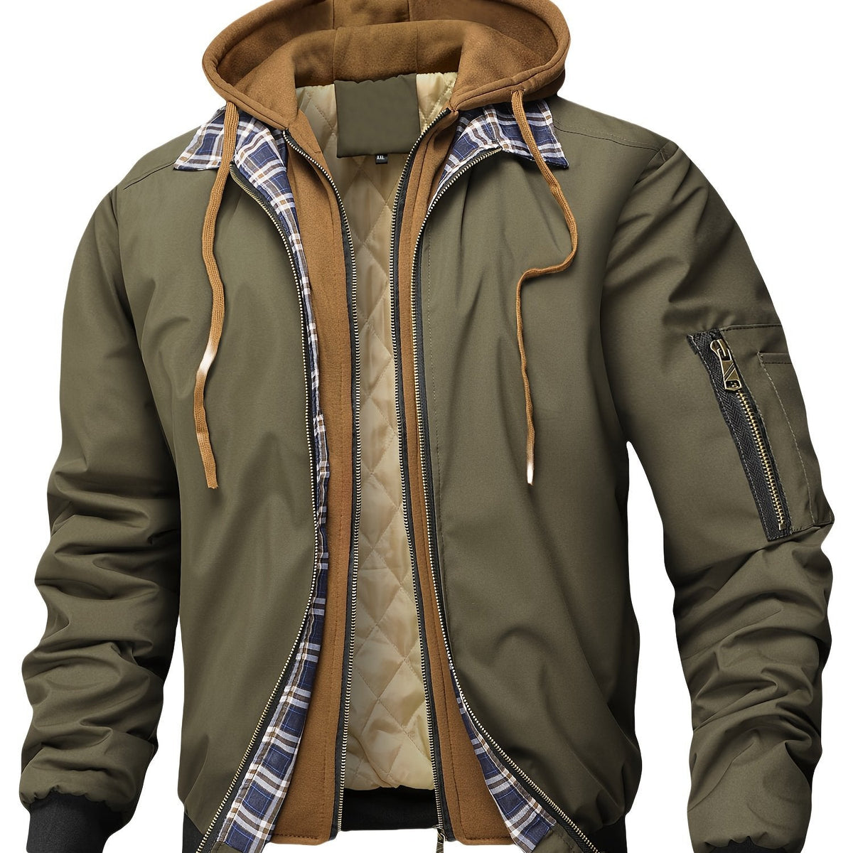 Herren Bomberjacke mit Kapuze Kariertes Futter Reißverschlusstasche Arm Beige