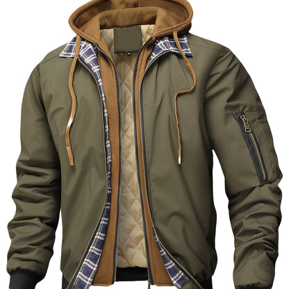 Herren Bomberjacke mit Kapuze Kariertes Futter Reißverschlusstasche Arm Beige