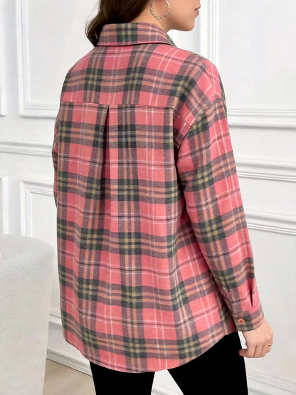 Damen Kariertes Hemd Langarm Button-Down Bluse mit Brusttasche