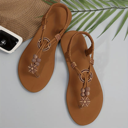 Damen Boho Zehensteg-Sandalen mit Blumenornament und T-Riemen – Bequeme Sommerschuhe für Freizeit & Urlaub
