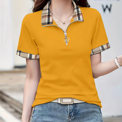 Damen Casual Poloshirt mit Reißverschlusskragen und Karodetails – Modisches Freizeitshirt für Alltag und Ausgehen