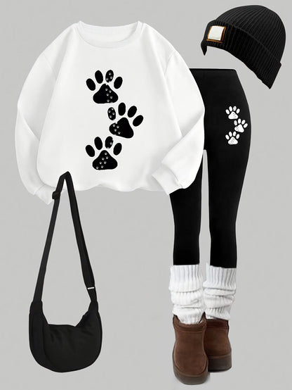 Damen Sweatshirt & Leggings Set mit Pfotenabdruck-Print, Langarm Oberteil und Hose