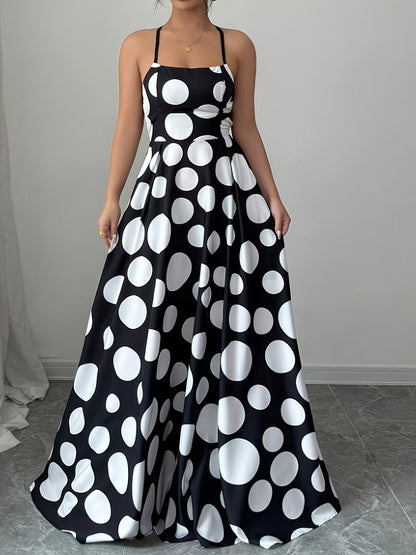 Damen Maxikleid mit Rückenausschnitt und Polka-Dot-Design – Elegantes Abendkleid mit Taschen